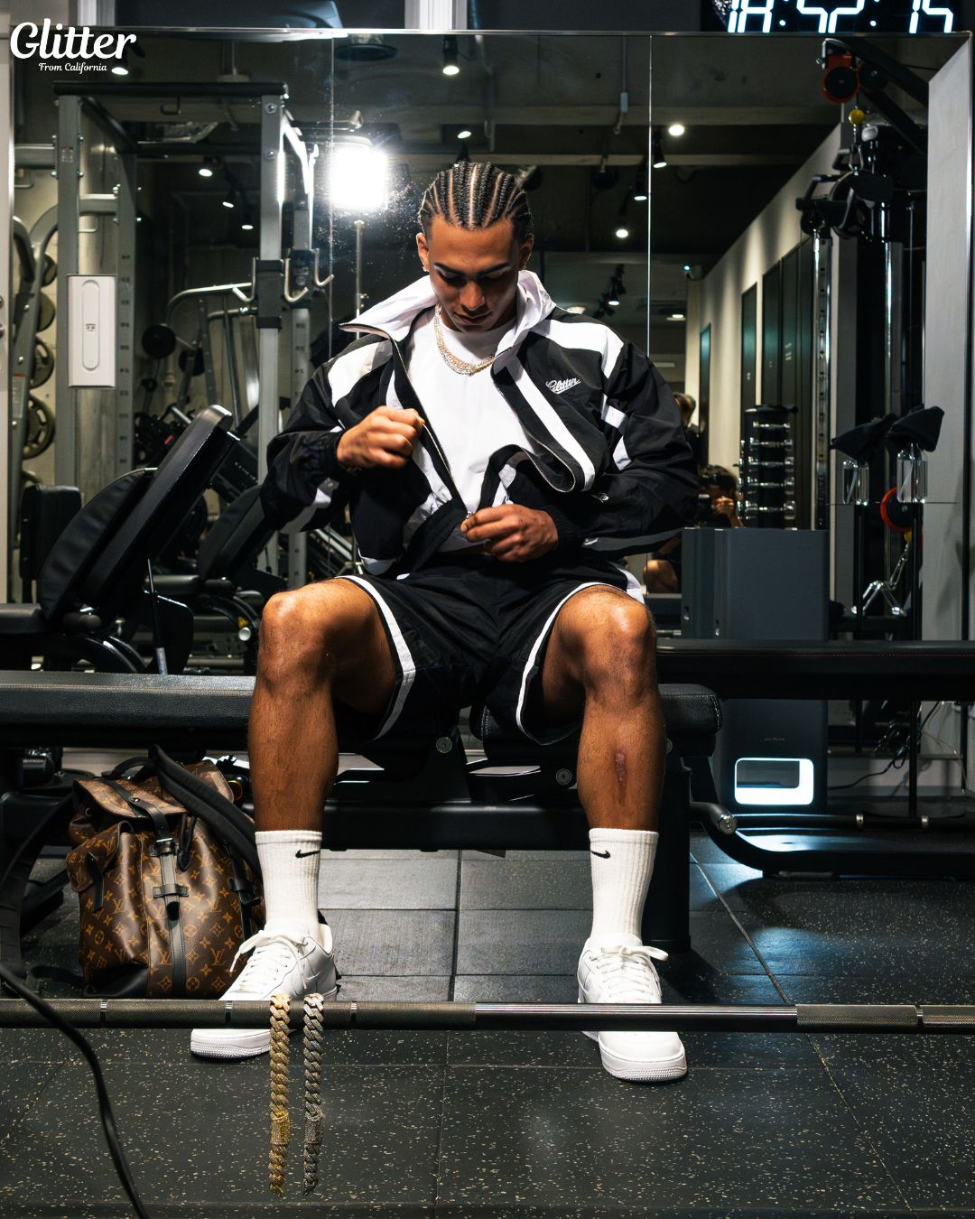 Glitter Nylon Track Suit Top & Short 【BLACK/WHITE】