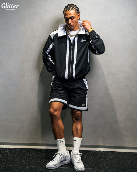 Glitter Nylon Track Suit Top & Short 【BLACK/WHITE】