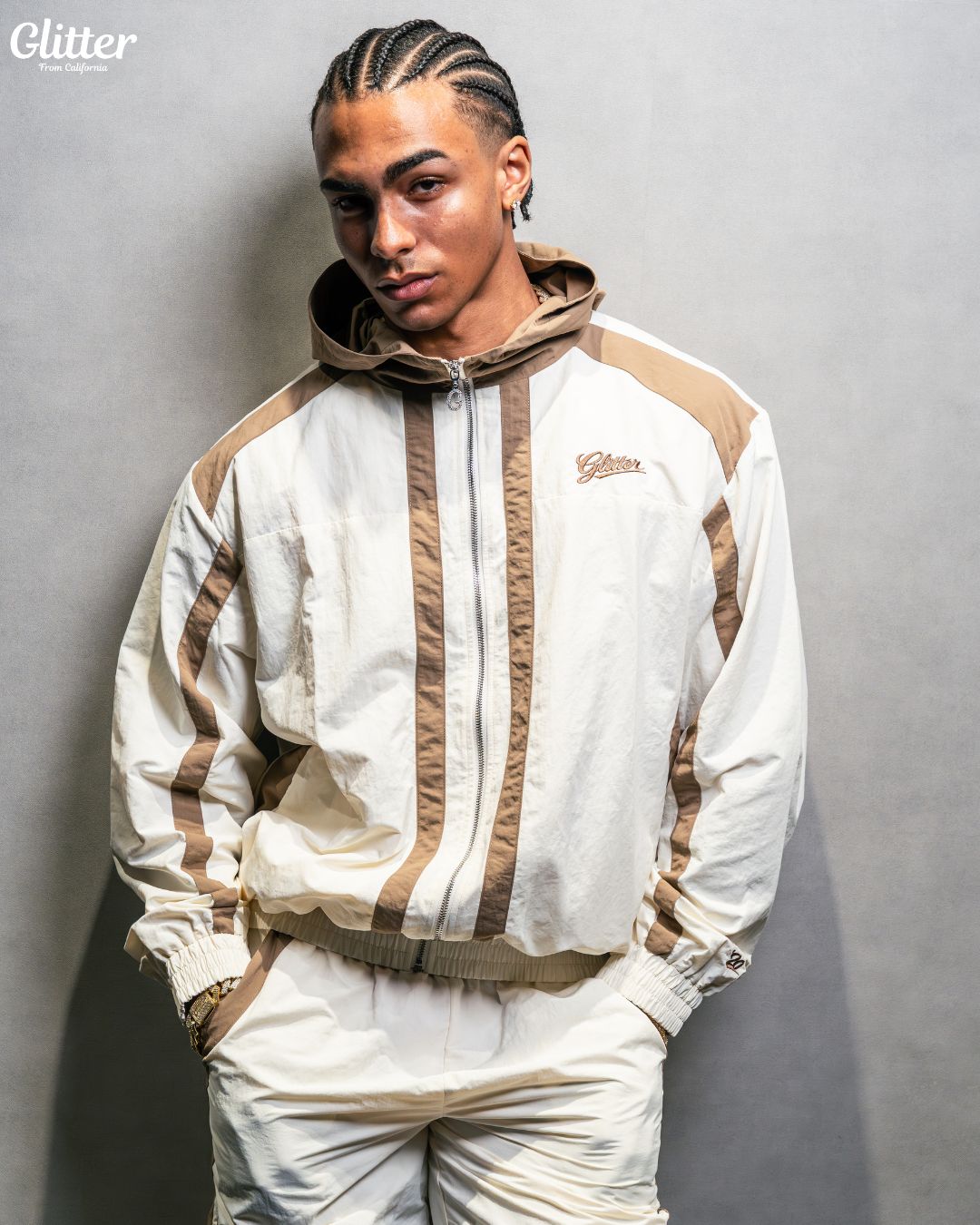 Glitter Nylon Track Suit Top & Short 【BEIGE/BROWN】