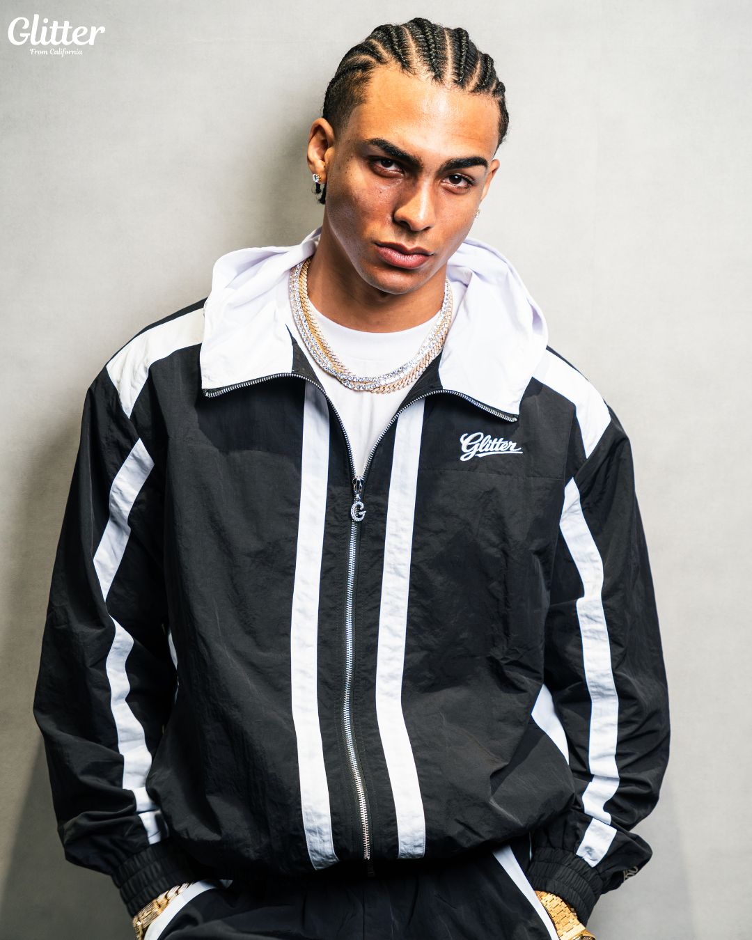Glitter Nylon Track Suit Top & Short 【BLACK/WHITE】