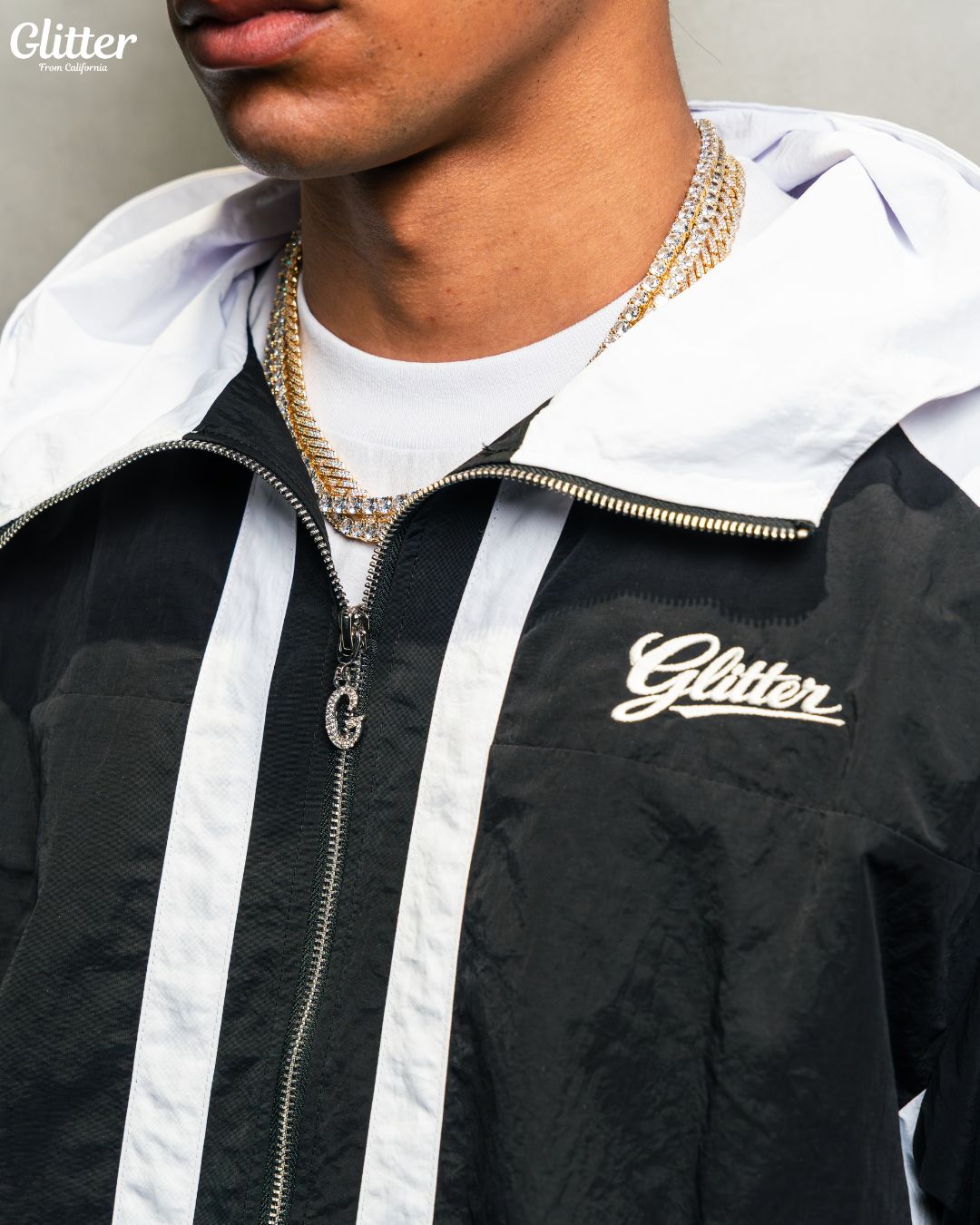Glitter Nylon Track Suit Top & Short 【BLACK/WHITE】