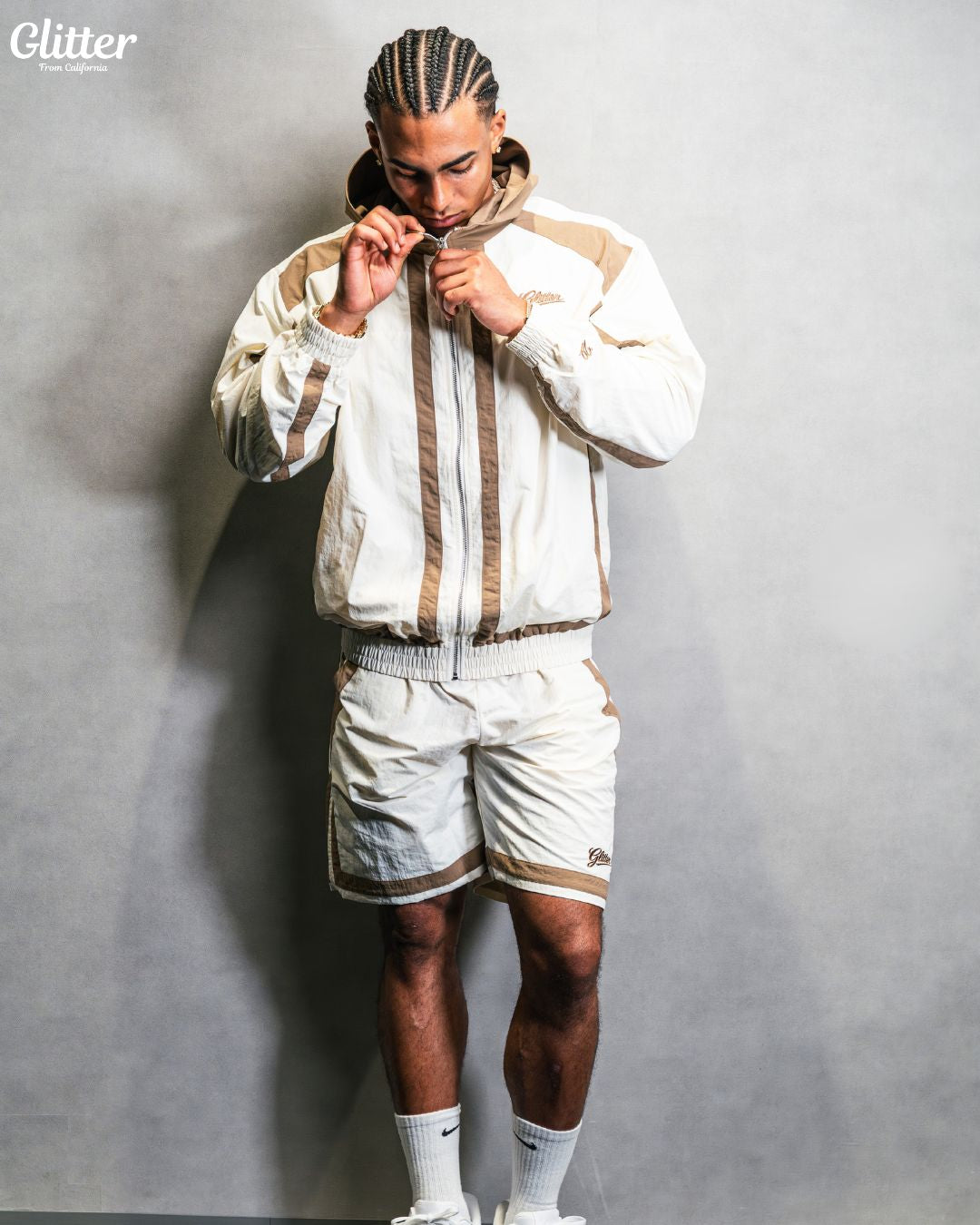 Glitter Nylon Track Suit Top & Short 【BEIGE/BROWN】