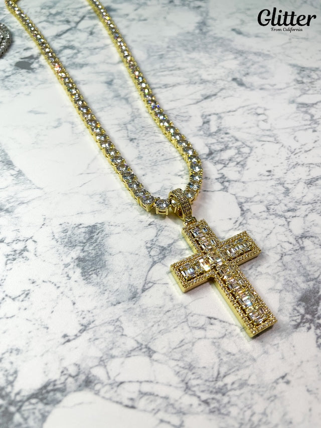 s925 Baguette Diamond Cross Necklace