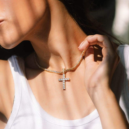 s925 Iced Out Cross Tennis Chain Necklace