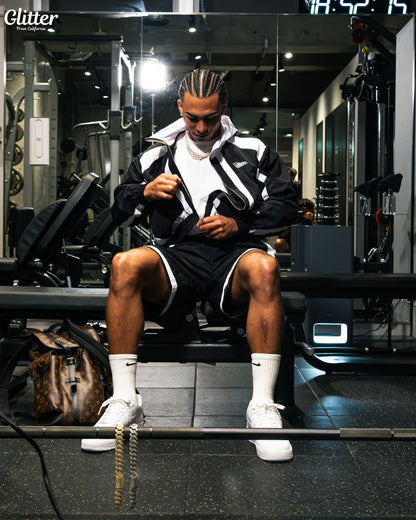 Glitter Nylon Track Suit Top & Short 【BLACK/WHITE】
