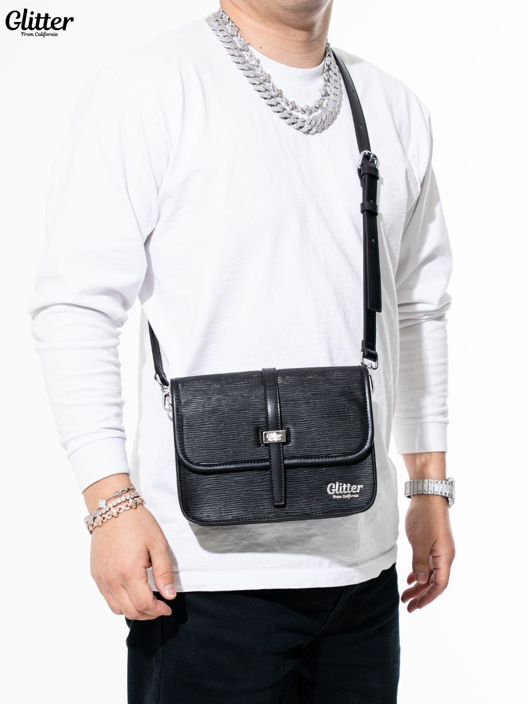 柿*ー様 Glitter Messenger Leather Bag ブラック Glitter Messenger Leather Bag